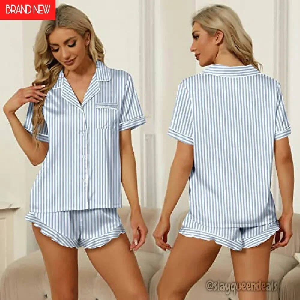 Satin Silk Pajama Set Short Sleeve Shorts Ruffle Collar Sleepwear Loungewear - Picture 3 of 8